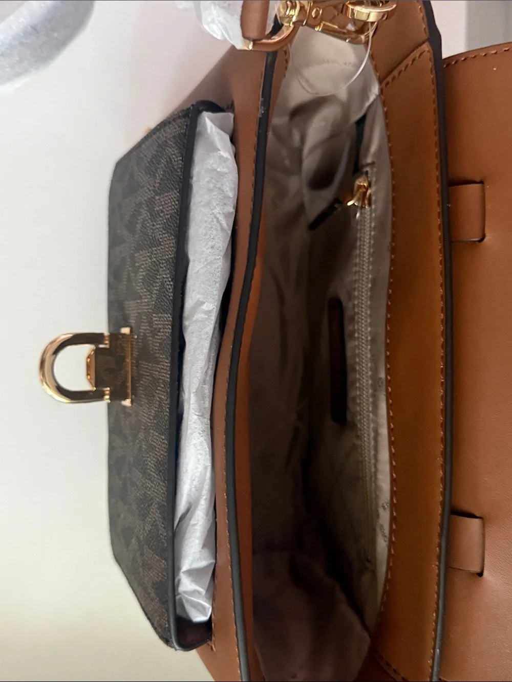 Michael Kors Brown Logo Satchel with Tan Trim and Gold Hardware